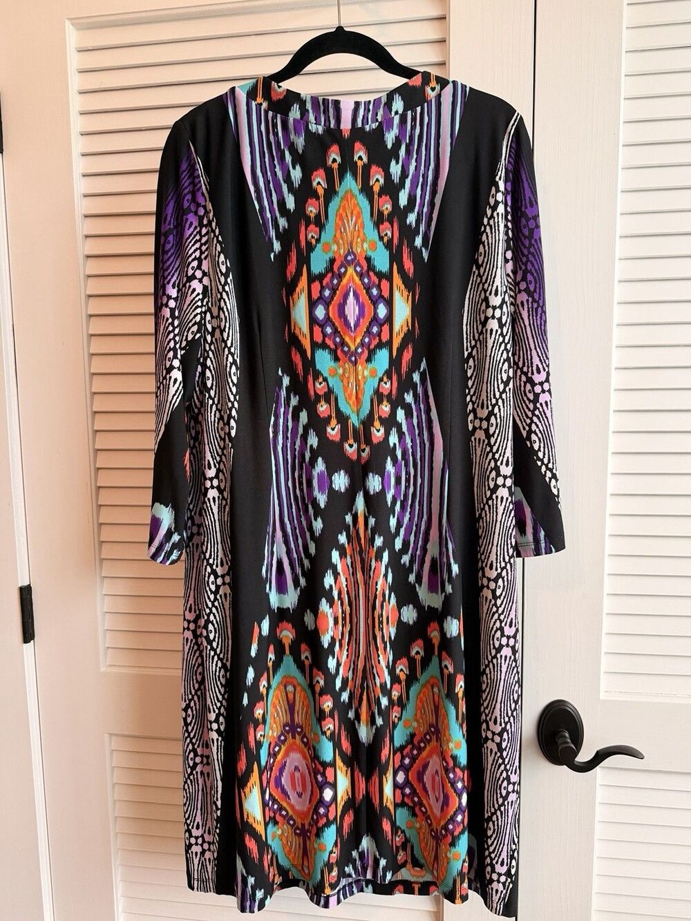 Chico’s Size 3 Ikat Tribal Print Midi Dress 3/4 Sleeve Stretch Boho Artsy - Picture 2 of 8
